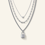 Denoon London Layered Padlock Necklace with Heart, silver-tone – view 1