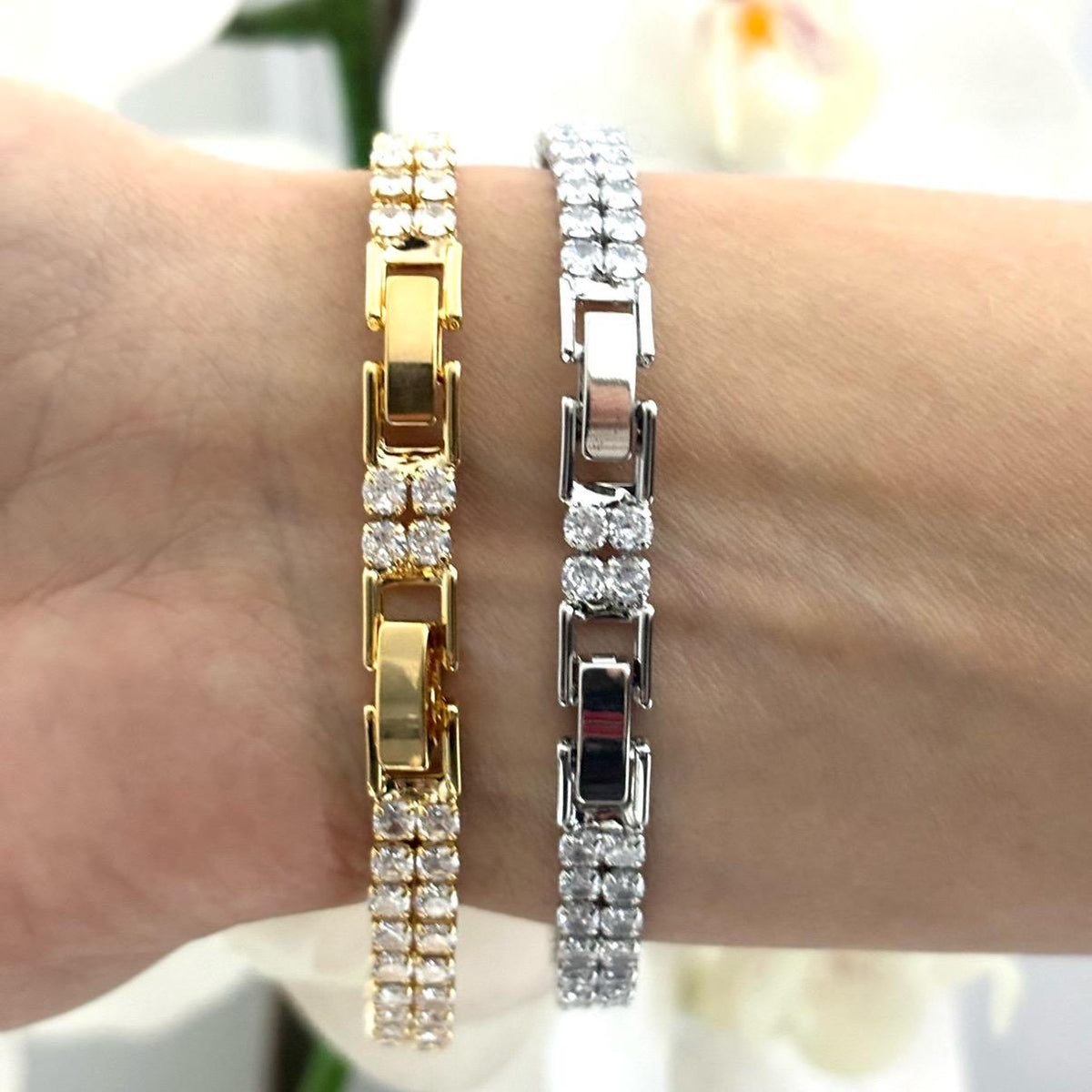 Denoon London Double Row Tennis Bracelet – gold-tone (shown with silver-tone) – view 2