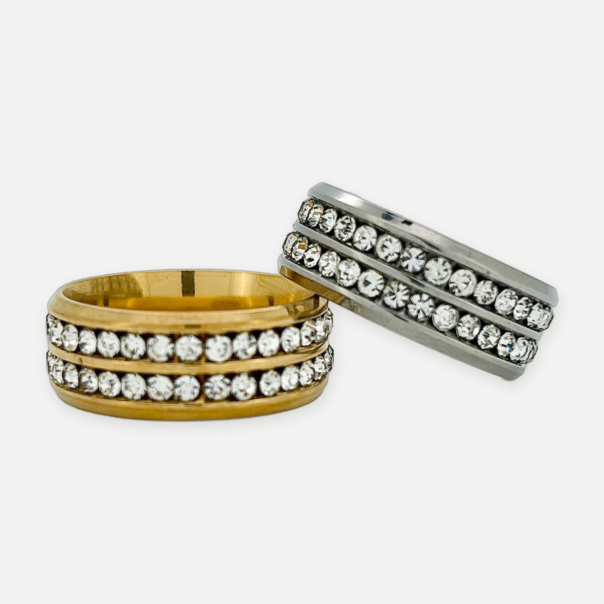 Denoon London Double Row Crystal Statement Ring – silver-tone (shown with gold-tone) – view 2