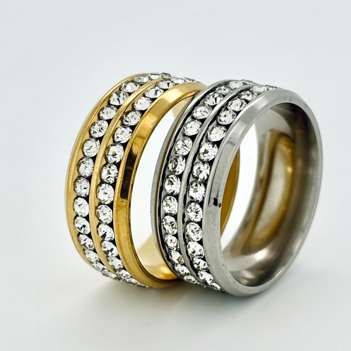 Denoon London Double Row Crystal Statement Ring – silver-tone (shown with gold-tone) – view 3