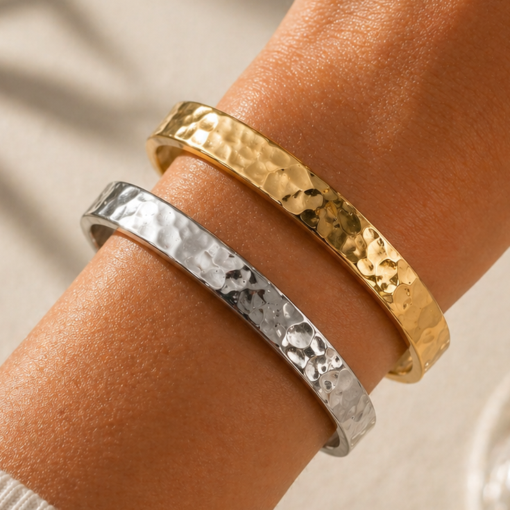 Denoon London Textured Stainless Steel Bangle – gold-tone (shown with silver-tone) – view 2
