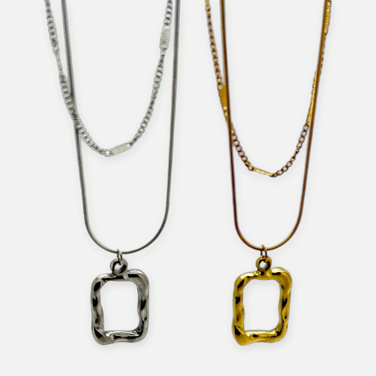 Denoon London Double Layer Necklace with Rectangle Pendant – gold-tone (shown with silver-tone) – view 1