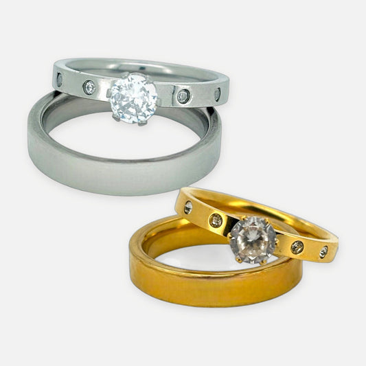 Denoon London Engagement Ring and Wedding Band Set – gold-tone (shown with silver-tone) – view 1