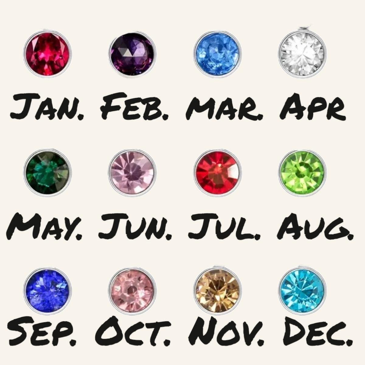 Denoon London birthstone necklace colour chart showing the 12 crystal birth month colours, January to December