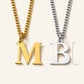 Denoon London Classic Initial necklace size guide, letters M and B on curb chain beside a ruler