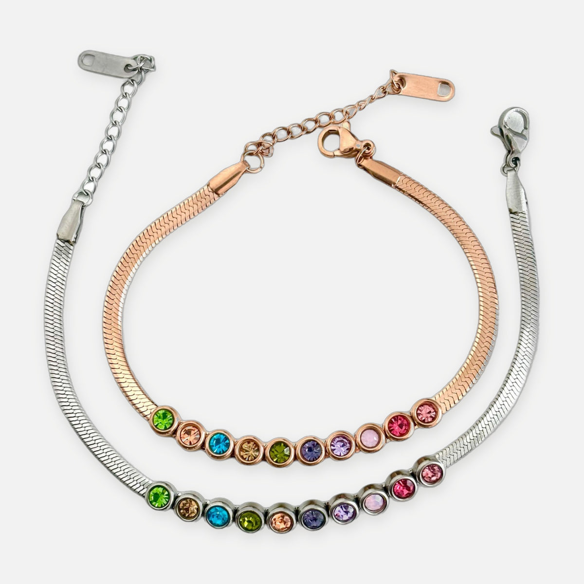 Snake Chain Bracelet with Colourful Crystals – Stainless Steel – Denoon London