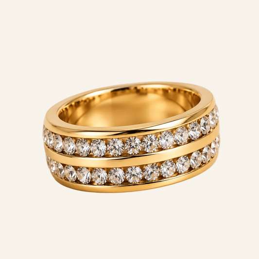 Stainless Steel Double Row Crystal Statement Ring in Gold