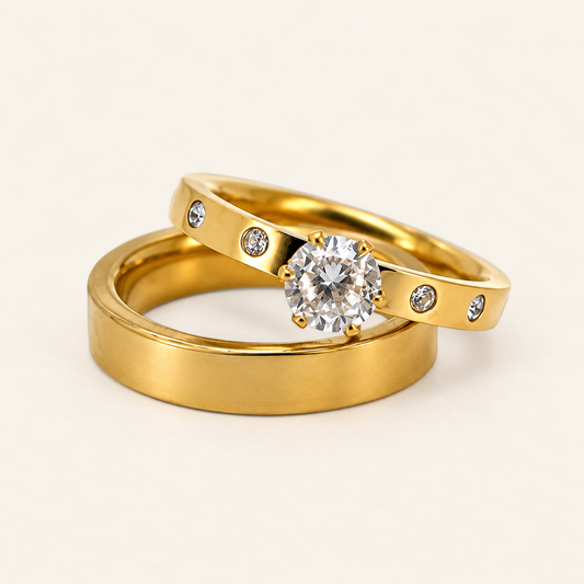 Stainless Steel Engagement Ring and Wedding Band Set in Gold