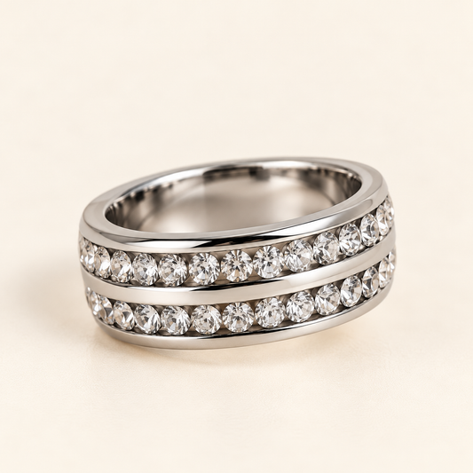 Stainless Steel Double Row Crystal Statement Ring in Silver