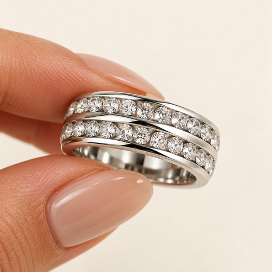 Stainless Steel Double Row Crystal Statement Ring in Silver
