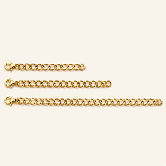 Denoon London gold-tone necklace extender chains in 7.5cm, 10cm and 15cm, flat lay
