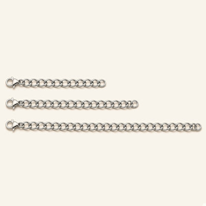 Denoon London silver-tone necklace extender chains in 7.5cm, 10cm and 15cm, flat lay