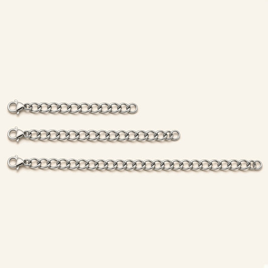 Denoon London silver-tone necklace extender chains in 7.5cm, 10cm and 15cm, flat lay