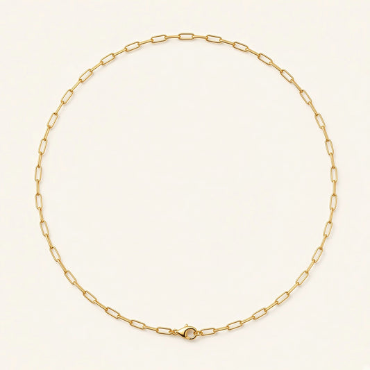 Denoon London paperclip chain necklace, gold-tone, flat lay
