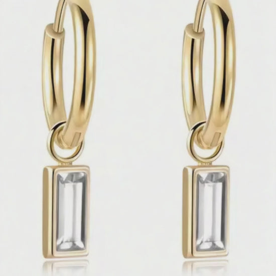 Crystal Drop Hoop Earrings – Rectangle Crystal, Gold or Silver – Denoon London – view 2
