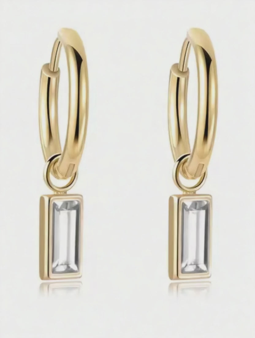 Crystal Drop Hoop Earrings – Rectangle Crystal, Gold or Silver – Denoon London – view 2