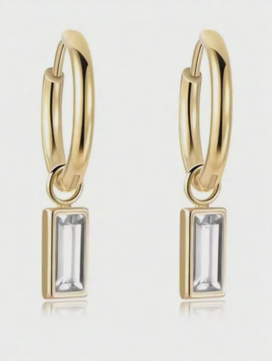 Crystal Drop Hoop Earrings – Rectangle Crystal, Gold or Silver – Denoon London – view 2